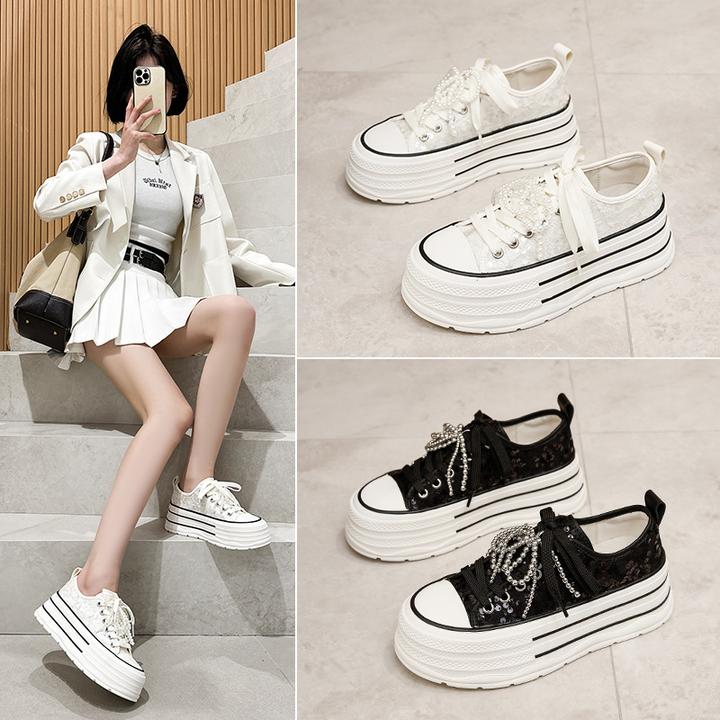万达撤柜头层牛皮珍珠亮片厚底小白鞋女2025新款百搭休闲运动板鞋