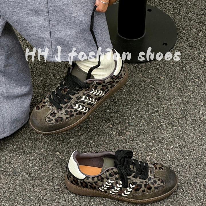 2025新款真皮复古豹纹马毛德训鞋女休闲板鞋复古舒适百搭拼色单鞋