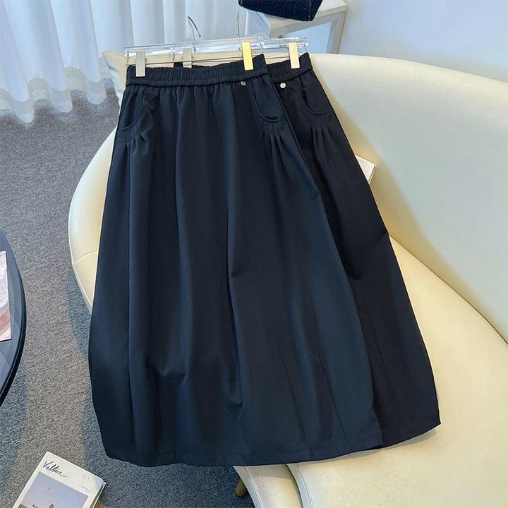 时尚松紧腰花苞半身裙秋季新款宽松显瘦中长款慵懒风休闲a字裙子