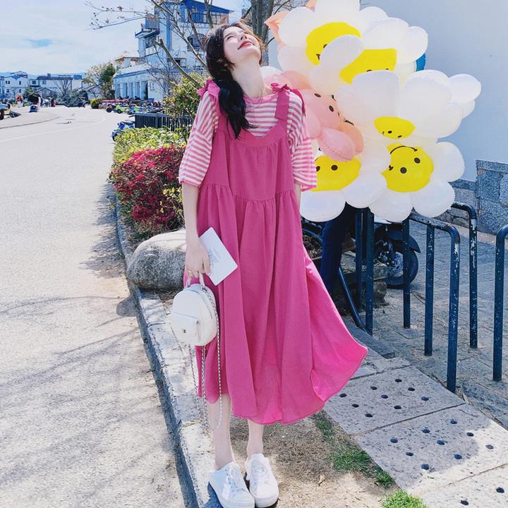 条纹T恤背带裙套装女2025夏季新款学院风设计感小个子减龄两件套