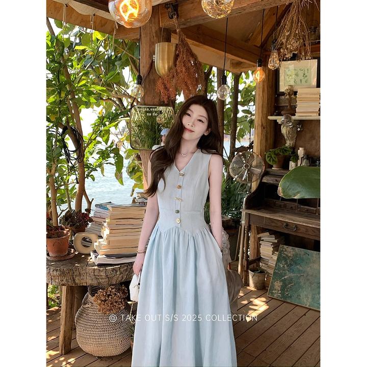 小香感马甲无袖背心连衣裙法式气质收腰长裙