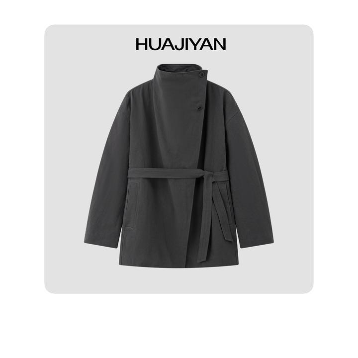华吉言/HUAJIYAN【风度】精选长绒棉混纺斜边门襟系带中长款风衣