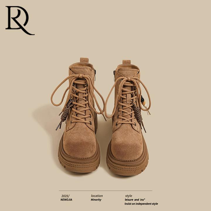 2025秋冬季新款厚底马丁靴女棕色拼接松糕英伦风串珠系带骑士短靴