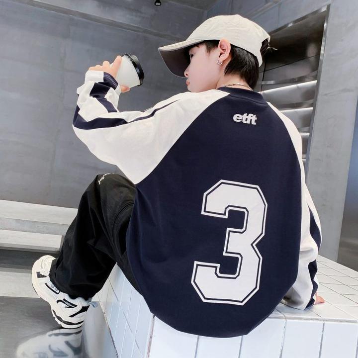 户外运动撞色宽松t恤长袖青少年儿童秋装新款2025潮男童纯棉上衣