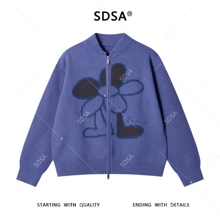 SDSA男士秋冬新款痞帅男装潮牌撞色钩花朵设计拉链开衫针织衫百搭