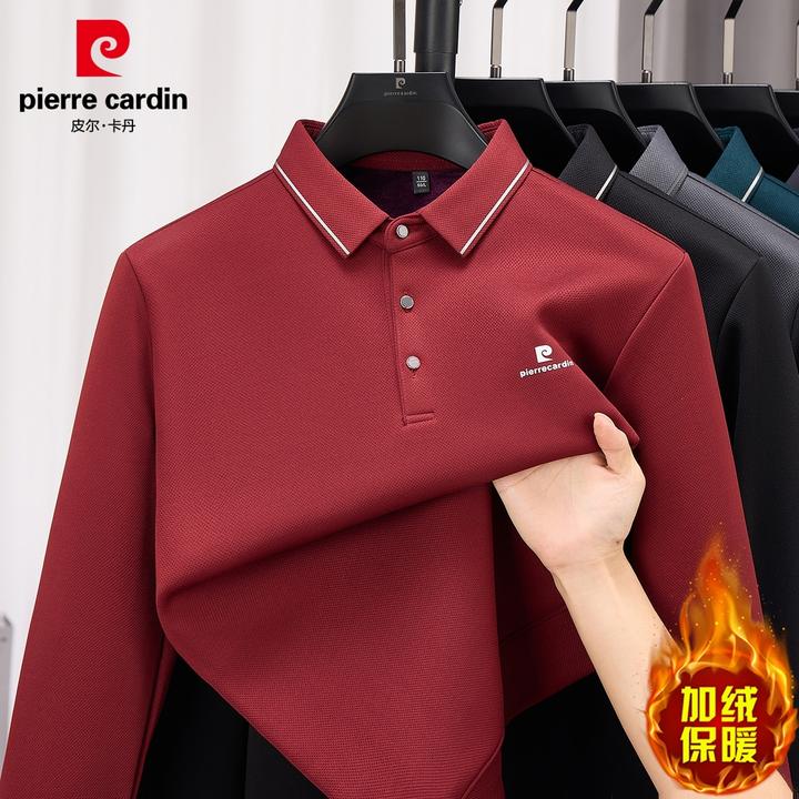 皮尔卡丹长袖polo衫男士冬季新款加绒保暖t恤商务宽松休闲上衣男