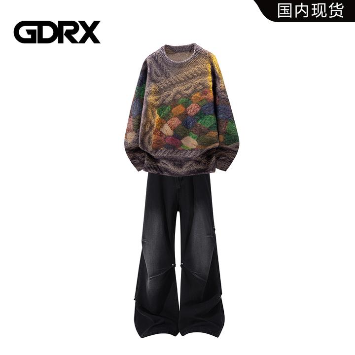 GDRX美式复古圆领毛衣男士秋冬新款设计感针织衫痞帅牛仔裤套装