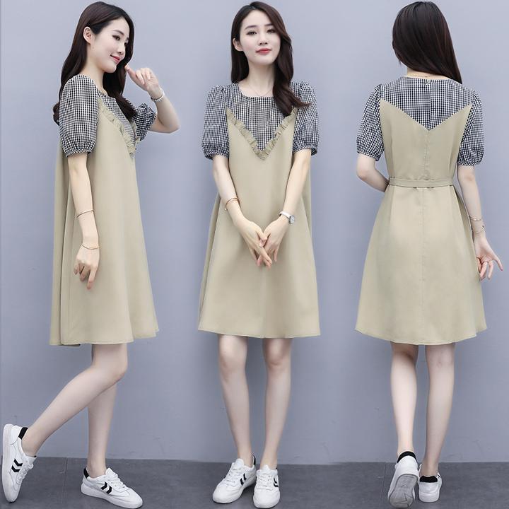 夏季新款女装格子拼接大码胖mm遮肉显瘦裙子女宽松洋气连衣裙