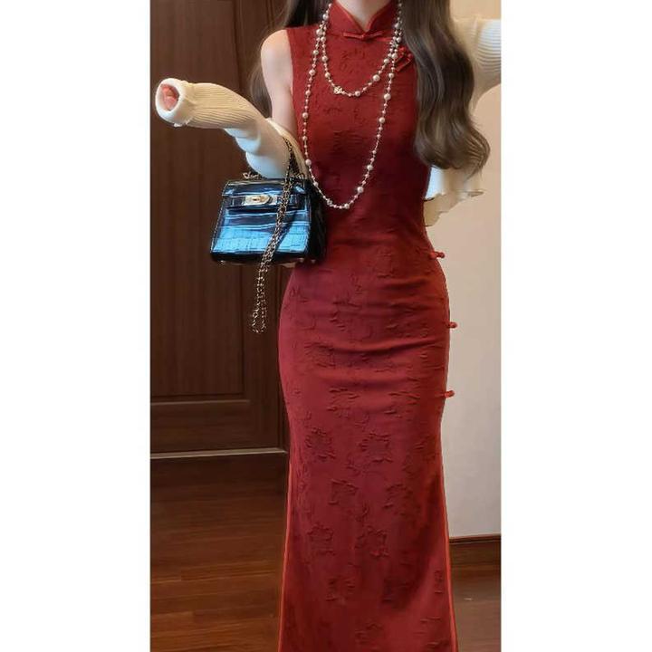 新中式国风复古提花红色改良旗袍连衣裙无袖开衩修身气质长裙日常