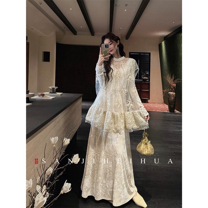 三吉黑花【琳琅】新中式钉珠绣花丝绒秋冬季连衣裙新年战袍长裙子