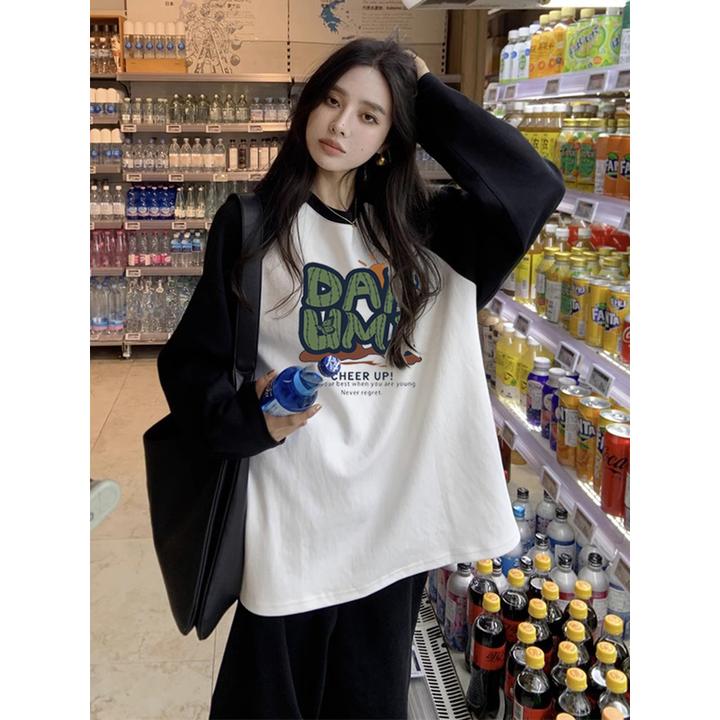 中长款t恤女遮屁股拼色插肩袖设计感新款纯棉宽松内搭打底衫上衣