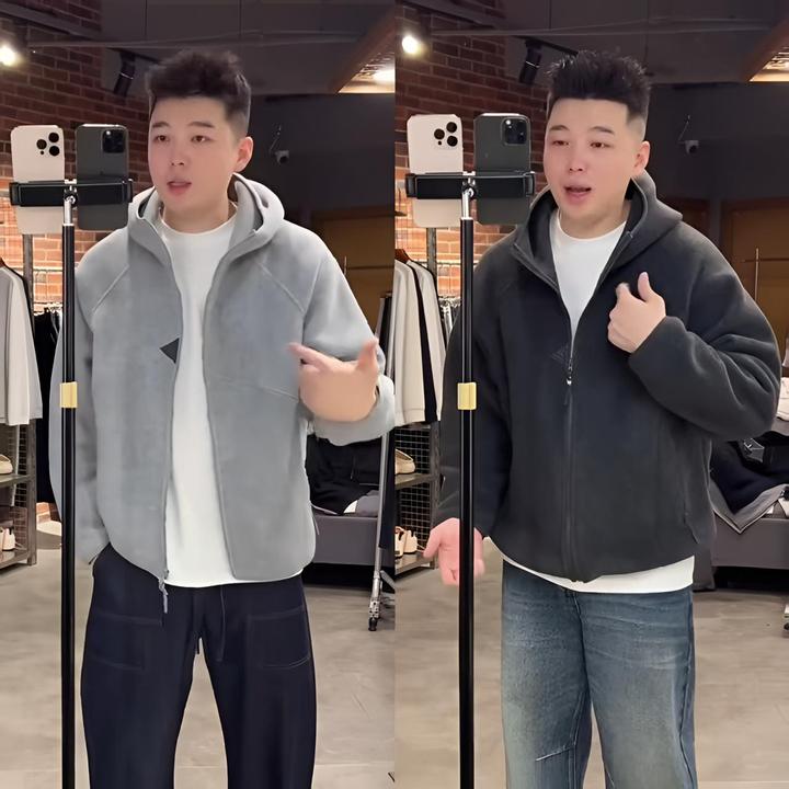 秋冬新款肌理色纱高密度摇粒绒连帽外套男士时尚加厚保暖情侣外套