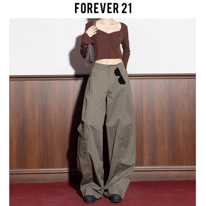 Forever 21秋季新款美式弯刀阔腿工装裤女高腰宽松显瘦休闲裤百搭