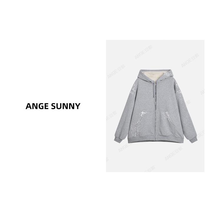曲阳 ANGE SUNNY【Ac加绒做旧拉链卫衣】破坏抓绒抽绳连帽宽松外套