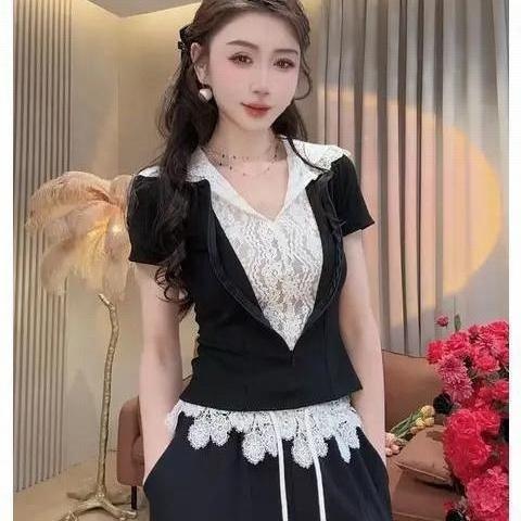 蕾丝拼接两件套连帽短袖打底衫假两件T恤上衣女森女短袖时尚套装