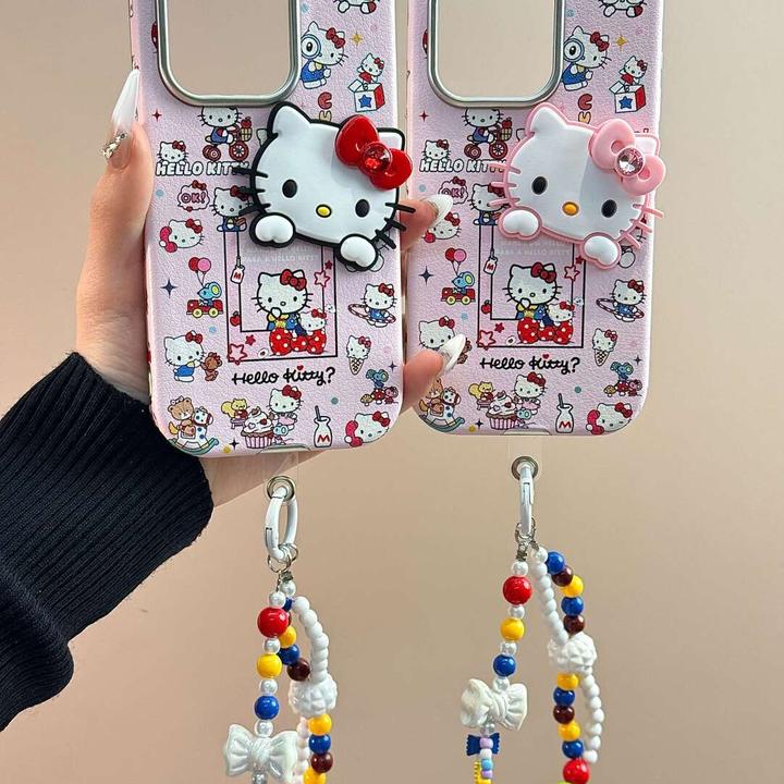 电镀镜粉底满屏kt插画适用iphone16promax手机壳苹果15挂绳14套13