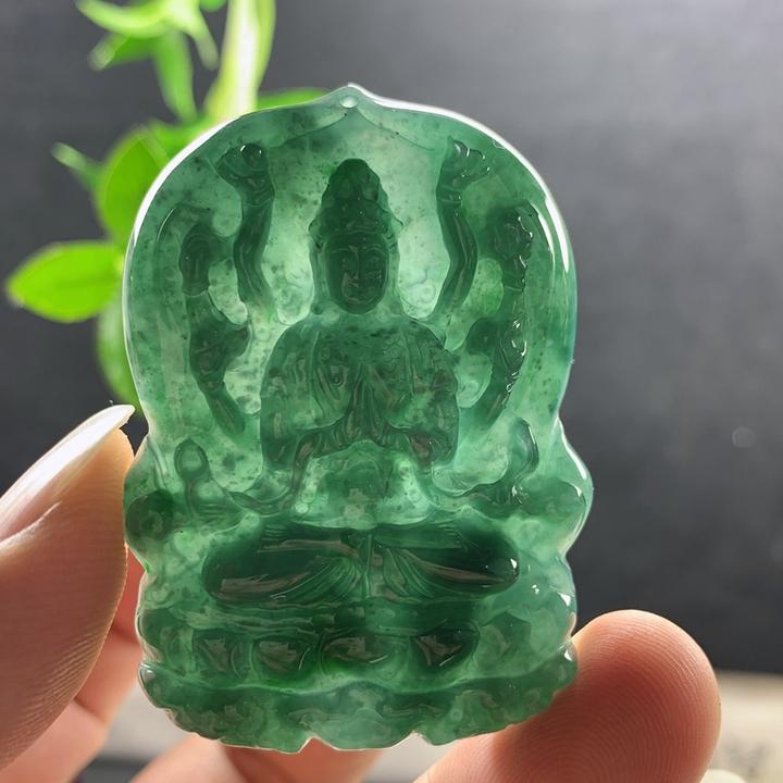 优惠纯天然A货翡翠飘花蓝色生肖鼠千手观音守护神观音菩萨玉吊坠