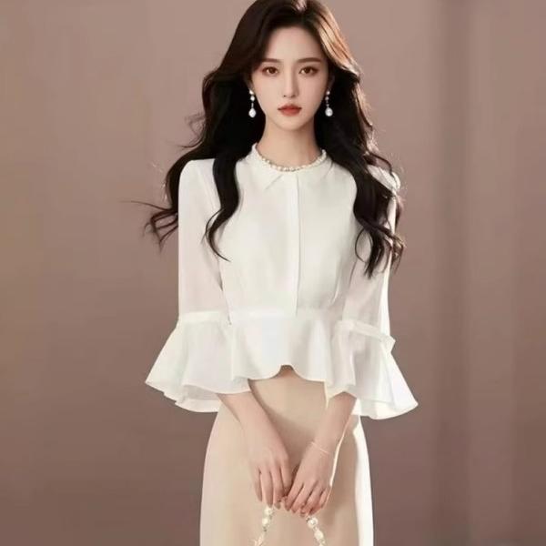 早春季法式高级感千金风端庄大气气质喇叭袖衬衣+半身裙子两件套
