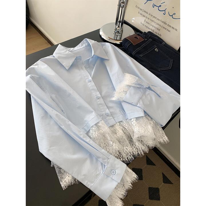 设计感polo领蓝色短款开衫上衣女2025新款小个子高级小众气质衬衫