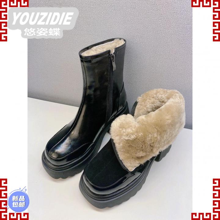 YOUZIDIE加绒加厚羊毛靴短靴女厚底靴2025冬季新款皮毛一体高跟