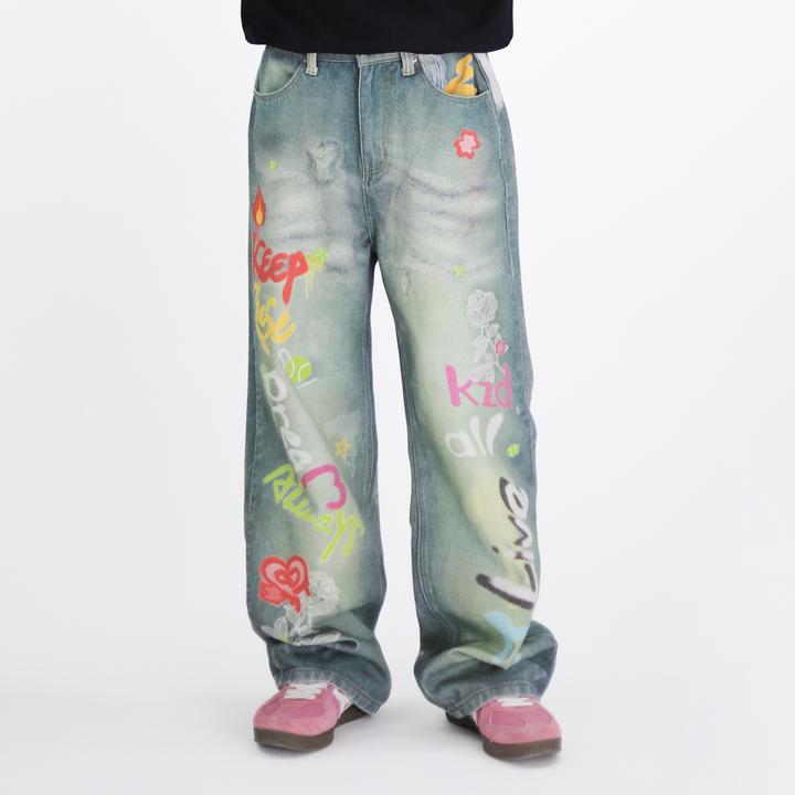 KZDALL原创设计蕾丝涂鸦logo打印牛仔裤美式街头休闲直筒宽松男女