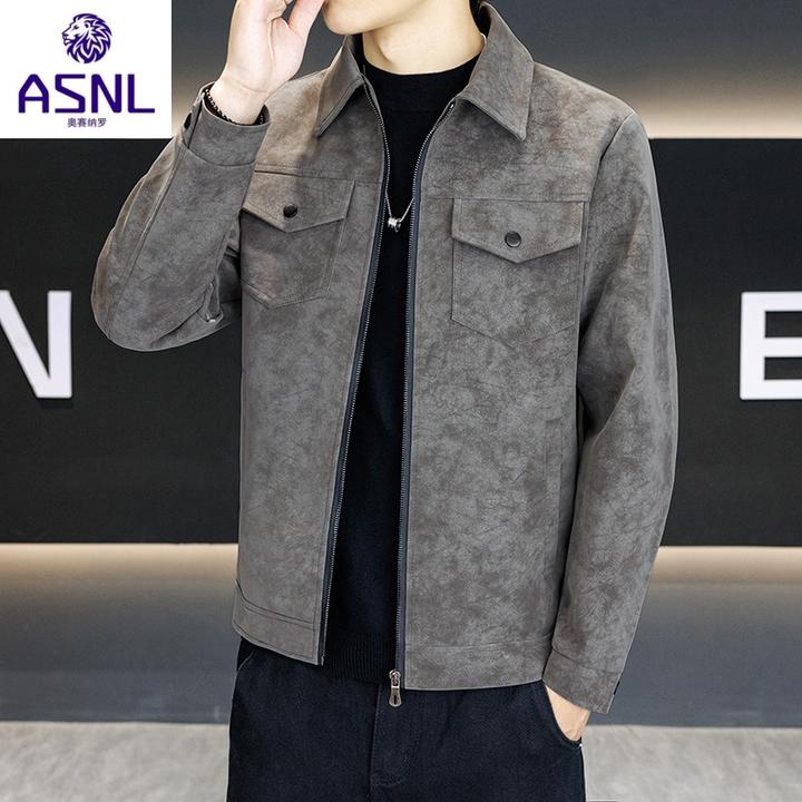 水洗翻领秋季纯色复古收口袖夹克春秋季修身男装上衣