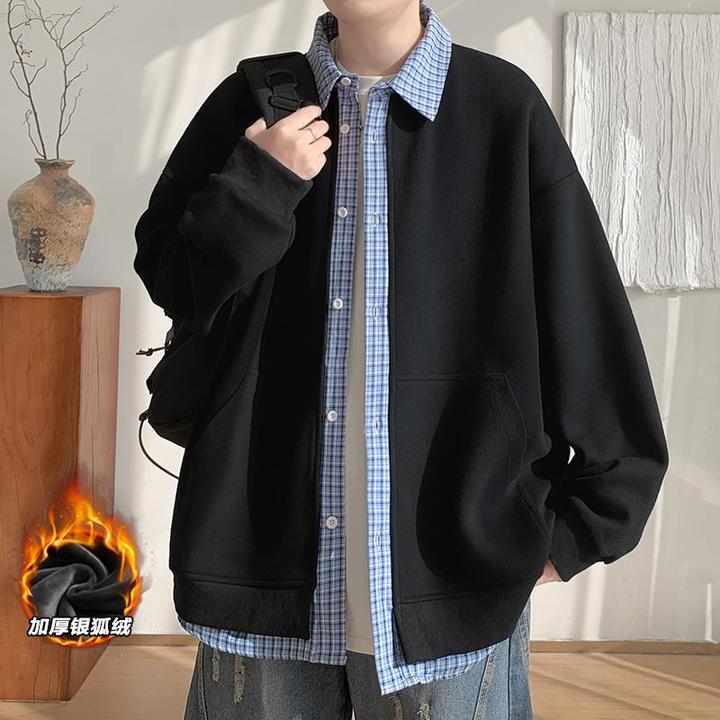 加厚银狐绒开衫卫衣男款冬季设计感假两件情侣外套夹克oversize