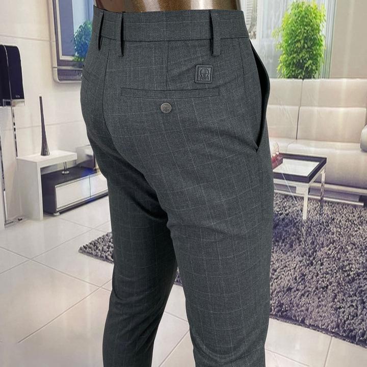 欧货高端定制色织格纹秋冬商务休闲长裤灰色修身小脚