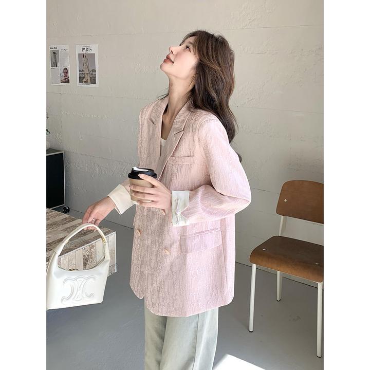 粉色高级感气质肌理感西装外套女2025秋季新款新中式拼接减龄西服