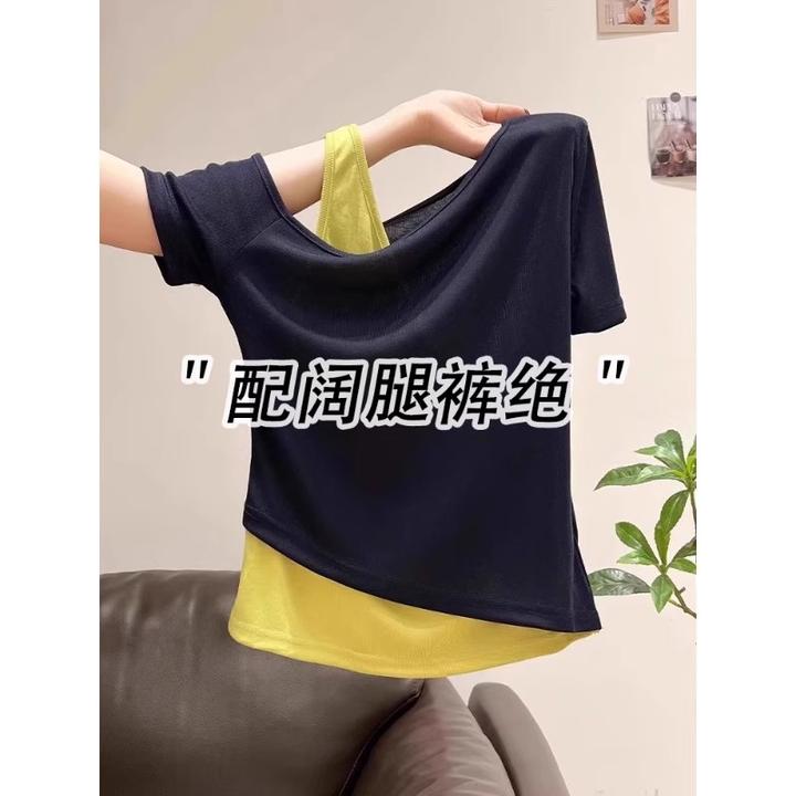 假两件撞色斜领露肩短袖T恤女装2025夏季新款设计感修身辣妹上衣