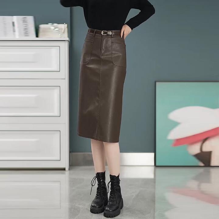 拉夏贝尔皮裙半身裙秋冬2025新款高腰中长款皮裙子女士爆款a字裙