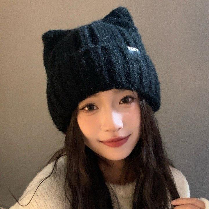 秋冬女甜美可爱猫耳朵毛线帽时尚百搭防风保暖针织帽户外休闲帽