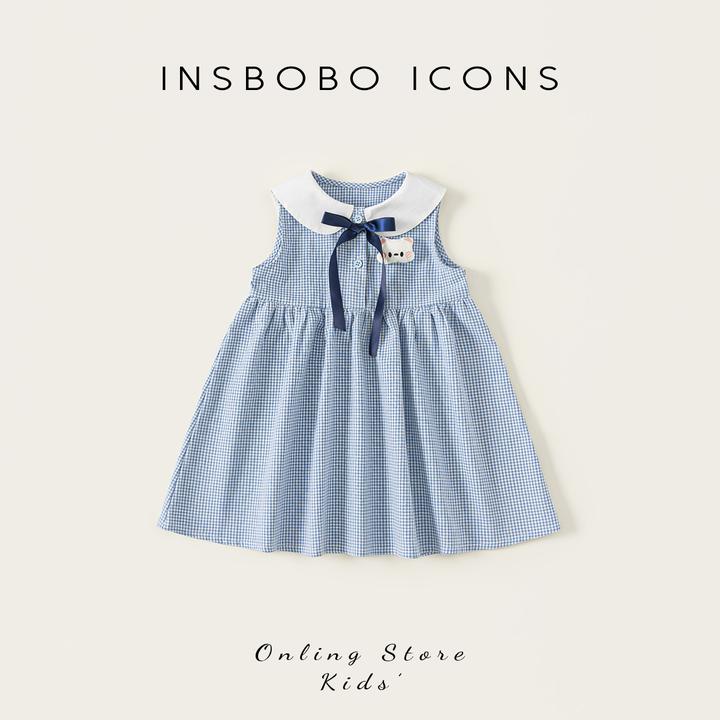 INSbobo女童学院风娃娃领无袖可爱装饰洋气格子连衣裙XQ25509A