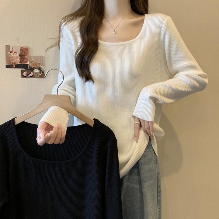 实拍~2025春胖妹妹新款方领露锁骨坑条宽松显瘦针织衫长袖上衣