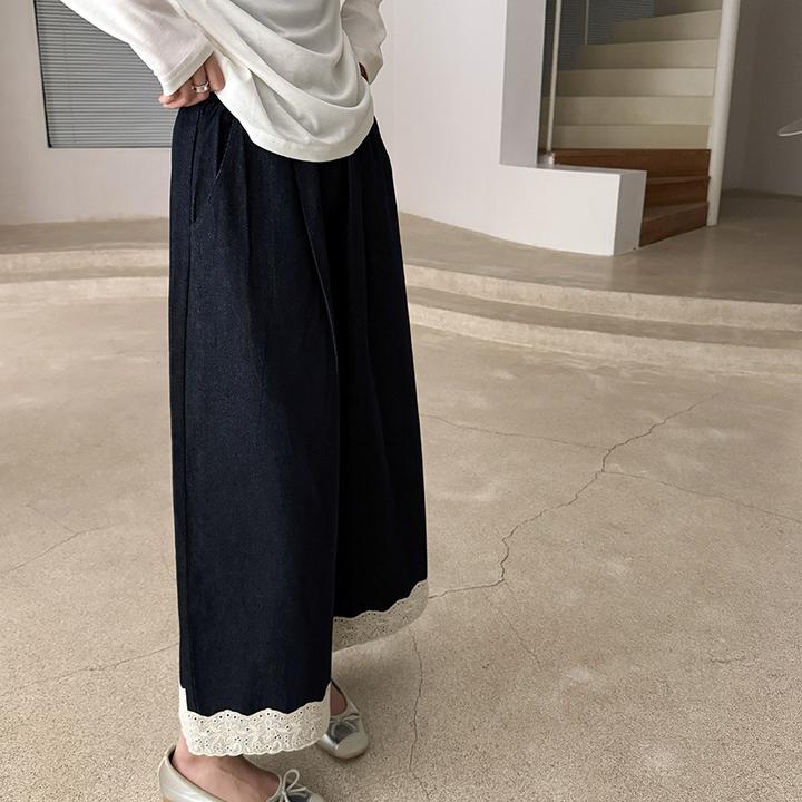 黎诺早2025春新款日系风牛仔裤宽松阔腿裤复古撞色花边拼接九分