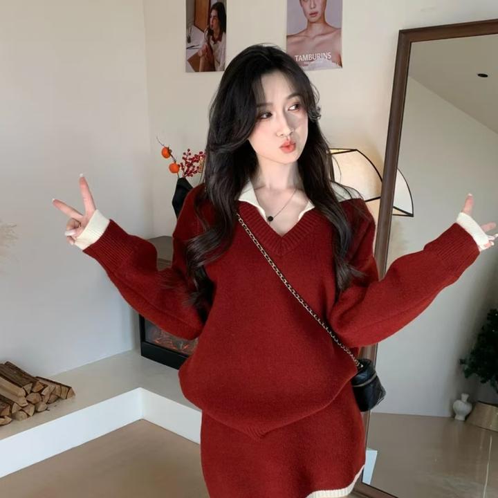 【格拉冬日】韩版冬日氛围感/百搭撞色毛衣+半身裙两件套