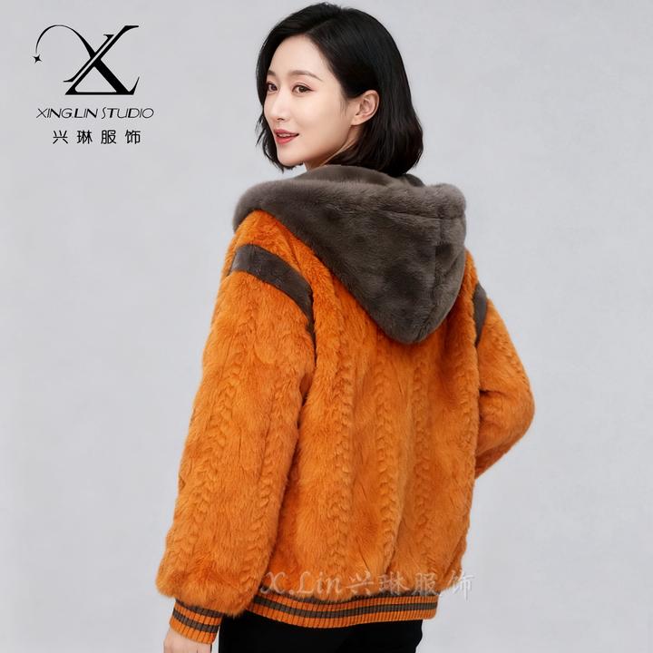 秋冬休闲连帽简约显瘦舒适双拼色麻花防寒雪兰貂修身保暖高端外套