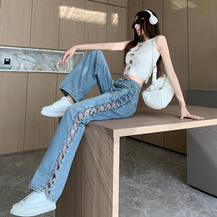 HANAN正品~侧边编织镂空阔腿女设计感显瘦百搭高腰拖地