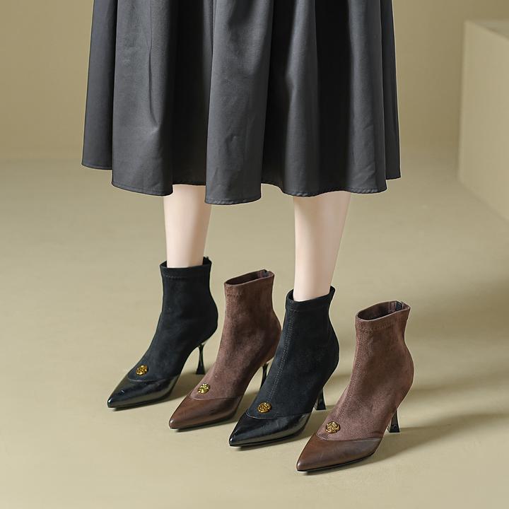 高跟短靴法式复古弹力靴设计感气质尖头细跟瘦瘦靴棕色真皮马丁靴