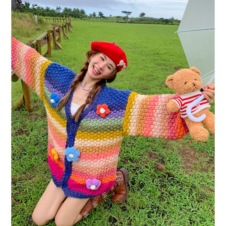 Cloud season小香风长袖网红针织时尚宽松条纹撞色 彩虹手打毛衣