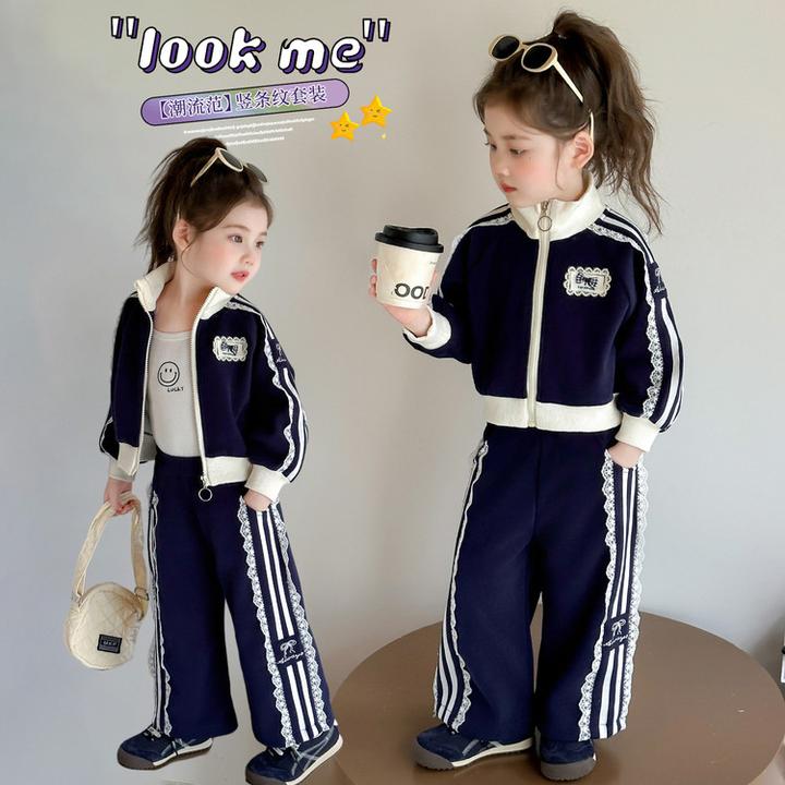 女童运动套装春秋款女宝宝洋气蕾丝拼接外套小女孩秋装休闲两件套