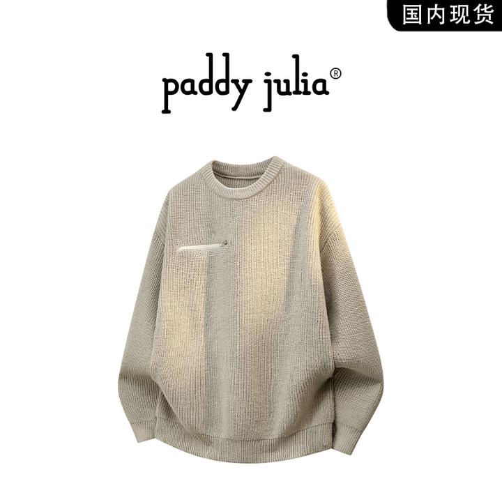 Paddy julia美式圆领毛衣男秋冬季拉链口袋设计感上衣高级感男装