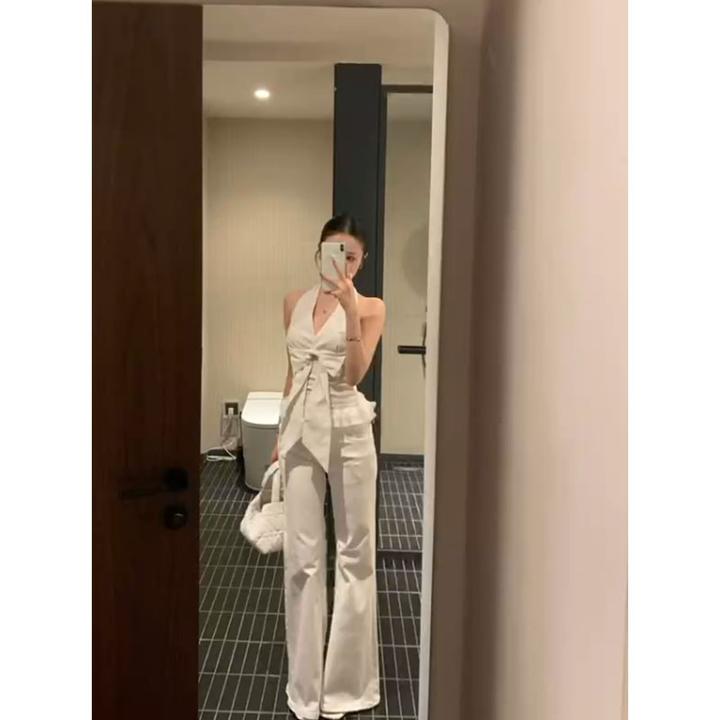 夏季新款休闲百搭时尚设计感蝴蝶结挂脖吊带背心高腰宽松阔腿裤女