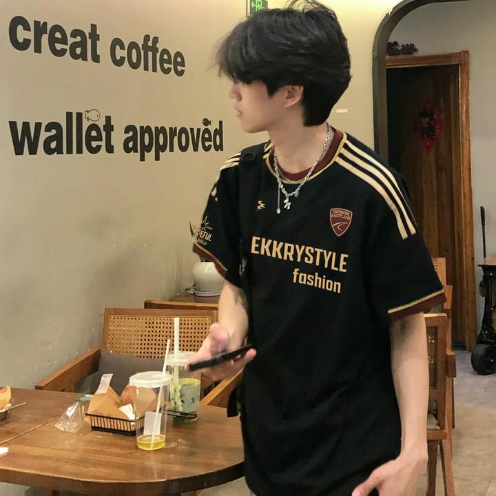 100%纯棉美式创意字母印花拼接三条杠短袖T恤男女夏季休闲上衣潮