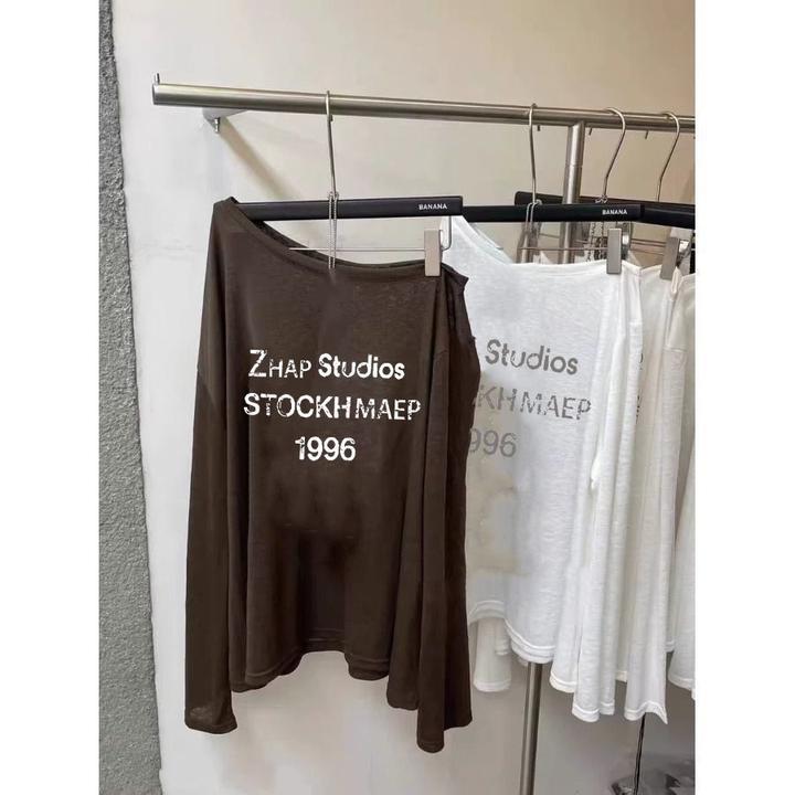 【ZHAP】新款斜肩防晒罩衫女夏季长袖t恤宽松ins欧美风chic显瘦上衣