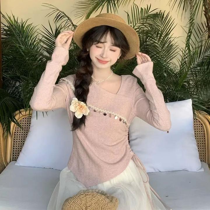 法式亮片斜领长袖恤女2025春季新款设计感小众收腰显瘦上衣