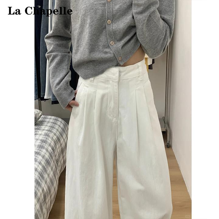 拉夏贝尔欧若风白色高腰阔腿牛仔裤女2025春秋新款褶皱拖地直筒裤