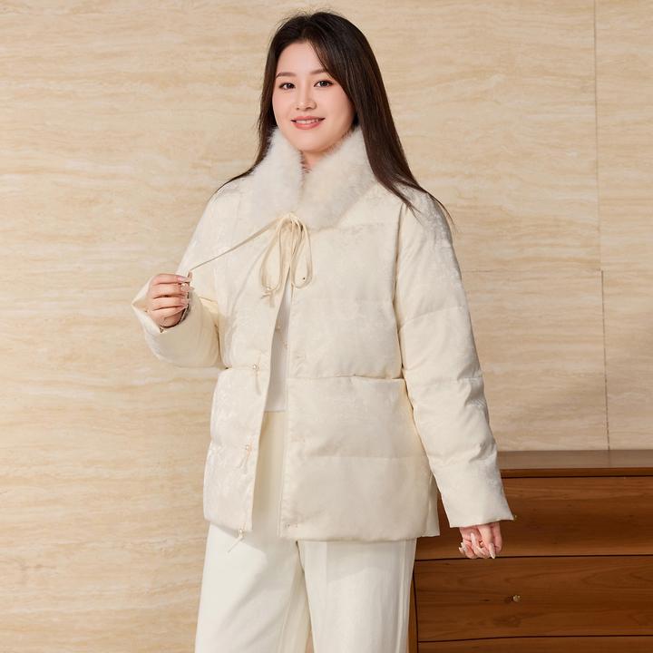 【可拆仿水貂毛领棉服】MsShe大码女装2025冬提花盘扣外套F2511017