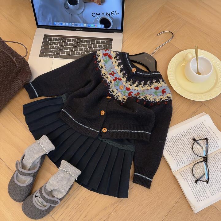 女童森系复古提花开衫毛衣藏青色半身裙套装2025秋冬新款31225啦