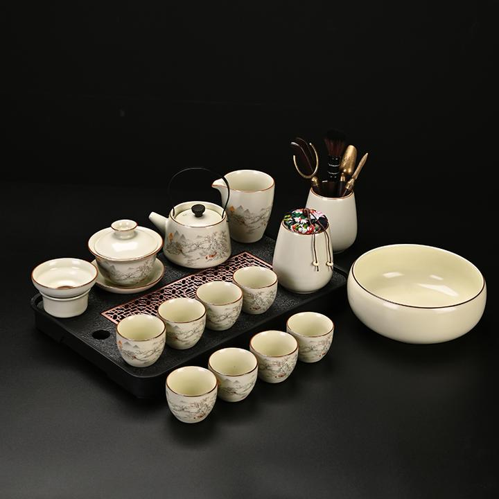 汝窑山水人家米黄米黄汝窑茶具套装轻奢高档家用陶瓷办公室功夫